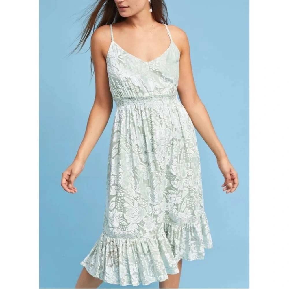 Hemant & Nandita Dress Women M Mint Green Velvet Floral Ruffle Anthropologie
